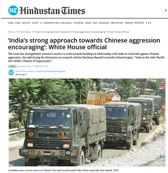 美官员夸印度强硬对中国：美提供强大且明确支持